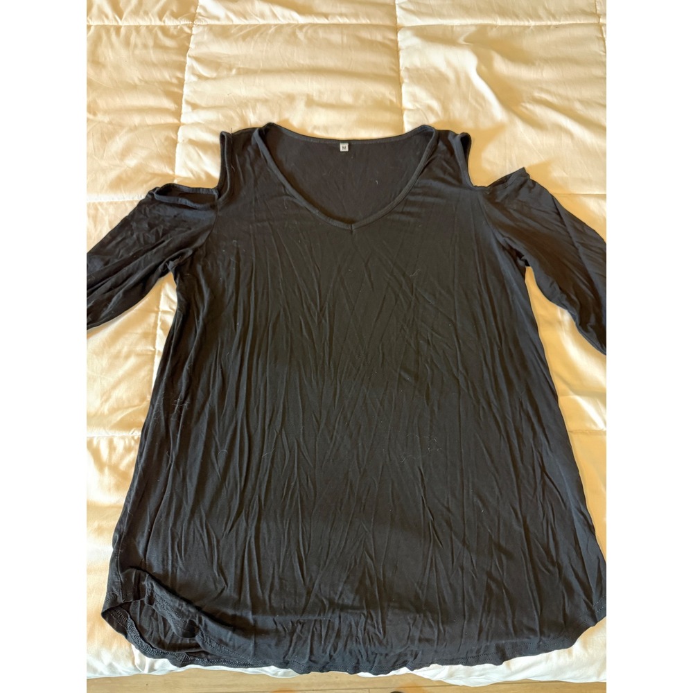 Black Cold Shoulder V-Neck Tunic Top Long Sleeve Rayon Blend M